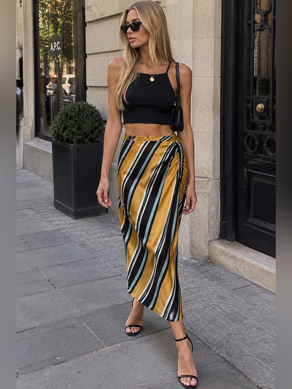 Zara Woman Striped Ruched Draped Midi Skirt Mustard Blue Black Size S